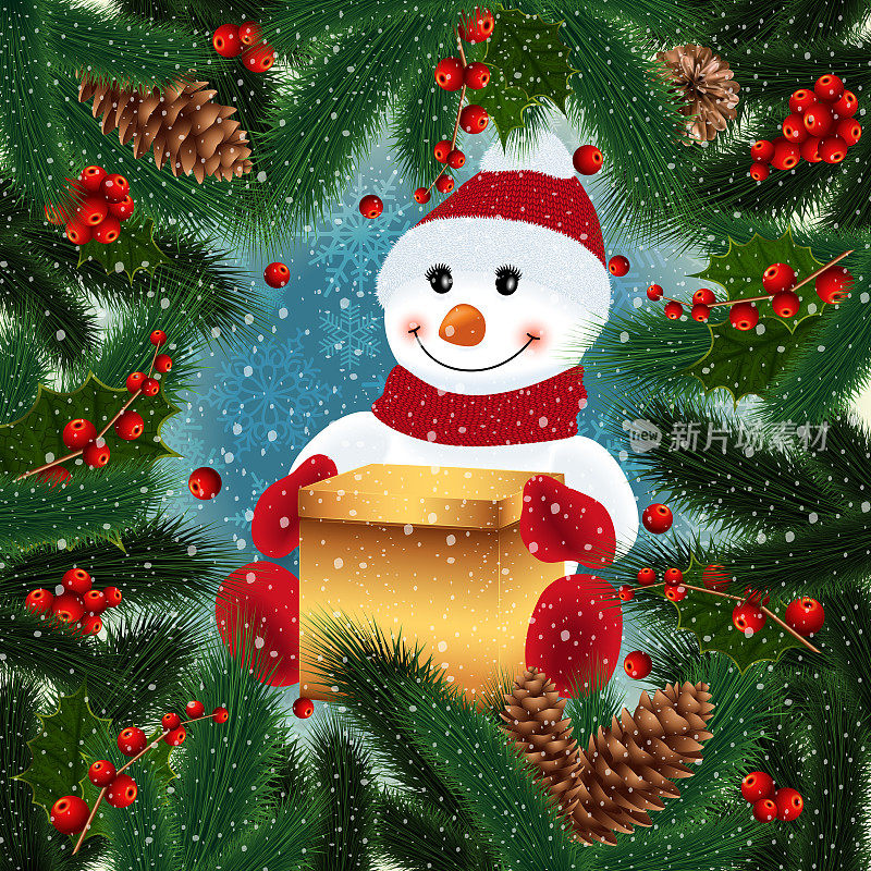Snowman with gift box and festive background
